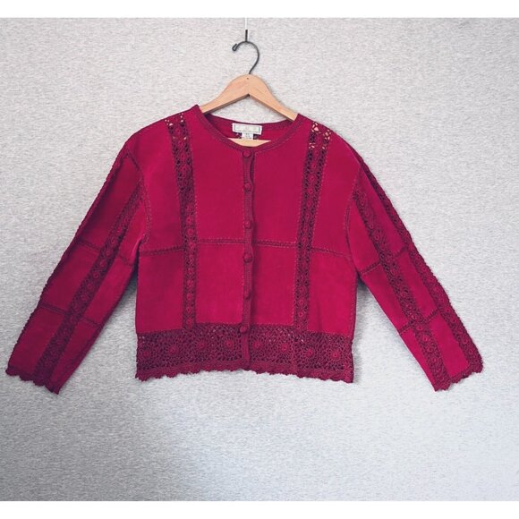 Unbranded Jackets & Blazers - Vintage Suede Crochet Jacket Womens Large Petite Pink Fushia Patchwork Boho SMH